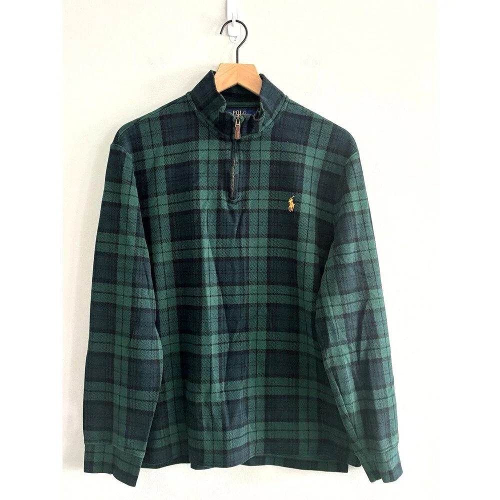 Polo Ralph Lauren Estate Rib 1/4 Zip Pullover Green Blue Plaid Mens Large